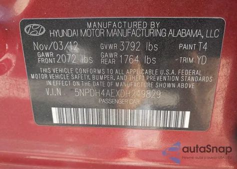 2013 Hyundai Elantra Gls from USA, damaged, VIN 5NPDH4AEXDH249829